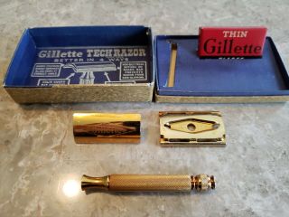 Vintage 1940 ' s Gillette 24k Gold plated 3 Pc.  TECH Razor W/box & blades 3
