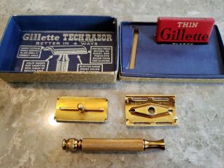 Vintage 1940 ' s Gillette 24k Gold plated 3 Pc.  TECH Razor W/box & blades 4
