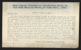 1884 REAL PHOTO ADVERTISING CARD - SHAY LOCOMOTIVE - LIMA,  OHIO MACHINE 2