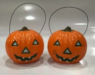 Vintage Halloween 2 Plastic Blow Mold Pumpkin Jack O Lantern Treat Buckets 60’s