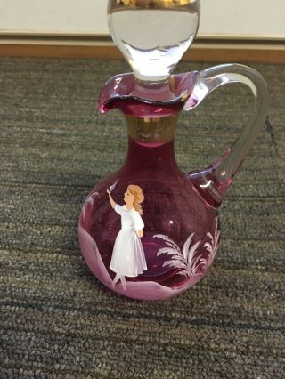 Rose Colored Glass Perfume Bottle With Painted Angel