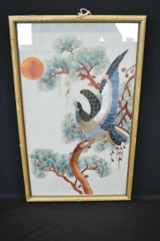 Vintage Framed 24 X 15 Asian Silk Stitch Embroidery Needlework Bird Tree Sun