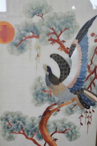 Vintage Framed 24 x 15 Asian Silk Stitch Embroidery Needlework Bird Tree Sun 2