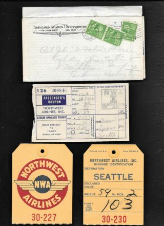 1946 Northwest Airlines 2 Tickets 2 Baggage Claim Tickets 2 Insurance Polici