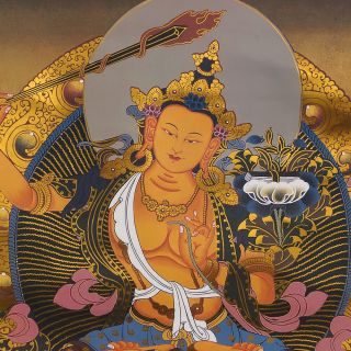 48 " Blessed Brocade Wood Scroll Tibetan Thangka: Manjushri Cut Off Ignorance =