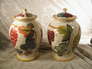 2 Large Heavy Ceramic Lidded Biscotti Jars Grapes And Leaves Hand Painted
