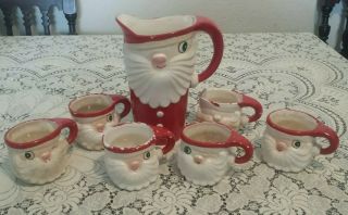 1959 Holt Howard Christmas Winking Santa Claus Ceramic Pitcher & 6 Cups Hh