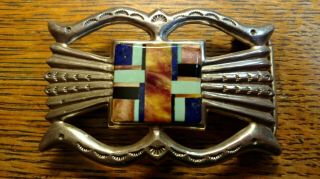 Navajo Signed Jd Sterling Hand Made Silver Cast Multi Stone Inlay Belt Buckle