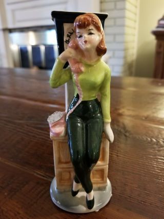 Vintage Porcelain 1950s Girl On Telephone Figurine Statue Vase Glazed Pink Phone