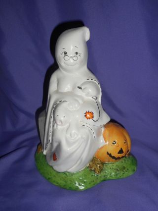 Vintage 8 " Ceramic Hand Painted Mama Ghost Pumpkin Rip Figure Nicely Painted