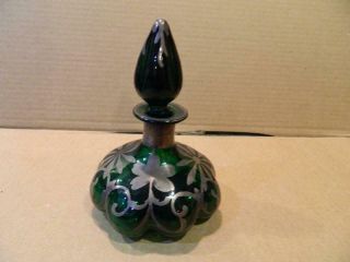 Emerald Green Glass Perfume Bottle Sterling Flowered Overlay Antique