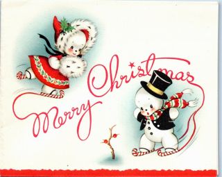 Ice Skating Snowman Lady Girl Candy Candy Skate Kid Vtg Christmas Greeting Card