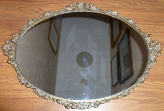 Large Vintage Hollywood Regency Globe Brass Mirror Tray Plateau