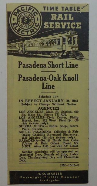 Pacific Electric Railway 1941 Public Timetable - Pasadena Line