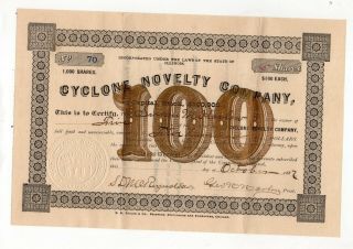 1887 Cyclone Novelty Company Stock Certificate