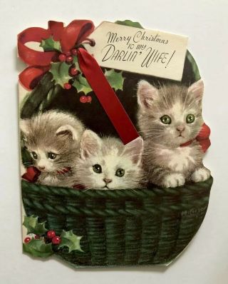 Vintage Rust Craft Christmas Card Marjorie Cooper Kitty Cat Basket Wholly Bow