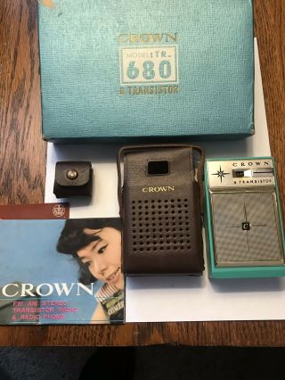 1960s Crown TR - 690 Teal 6 Transistor AM Radio w Case,  Factory Box Instr. 8