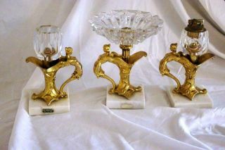Italian Crystal And Marble 3 Piece Art Nouveau Nudes Lighter And Ashtray Set