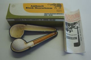 Early 20th Century Boxed Amboseli Block Meerschaum & Egg Yoke Colour Amber Pipe