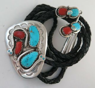 Zuni Effie Calavaza Sterling Silver Turquoise & Coral Dangling Tip Bolo Tie