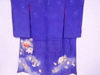74809 Japanese Kimono / Antique Iro - Tomesode / Mon Kinsha / Embroidery / Flower