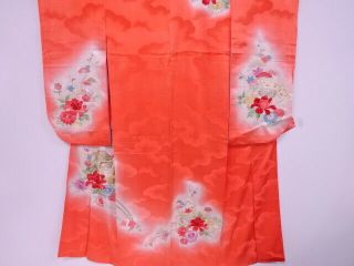 74626 Japanese Kimono / Vintage Furisode / Embroidery / Royal Cart With Flower