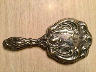 Antique Silver Hand Mirror Pat June 13 1905 Good Glass “wood Fairy” Design