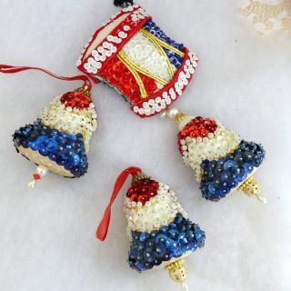 3 Patriotic Red White Blue Beaded Bell Xmas Tree Ornaments Drum Sequin Styrofoam