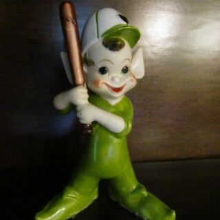 6 " Vintage Pixie Elf Figurine - Baseball - Batter - Green - Bat - Heart On Cap