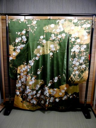 Japanese Kimono Silk " Furisode " Long Sleeves,  White Flowers,  Gold Leaf,  L 63 ".  716
