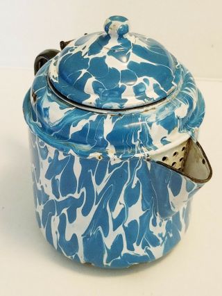 Vintage Blue & White Swirl Graniteware Enamelware Coffee Pot Unusual Shape