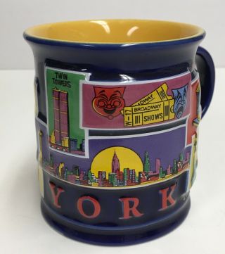 York City Embossed Coffee Mug Twin Towers Empire State Building Taxis 2002