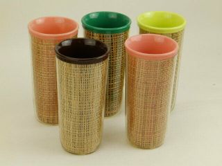 Set 5 Mid Century Modern Vintage Tiki Plastic Melmac Raffia 5 3/4 " Tumblers Cups