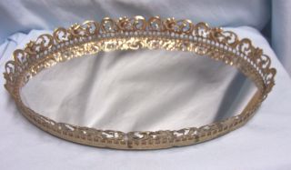 Vanity Mirror: Vintage Oval Gilt Gold Filigree Vanity Mirror Tray Make Up Mirror