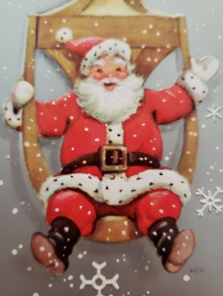 Vtg Rust Craft Christmas Greeting Card Santa Claus Swinging Door Knocker Snow