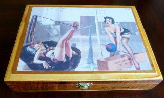 Wooden Cigar Box,  Man Cave Item,  Images Of Pinup Girls In The Gym & Nude Yoga