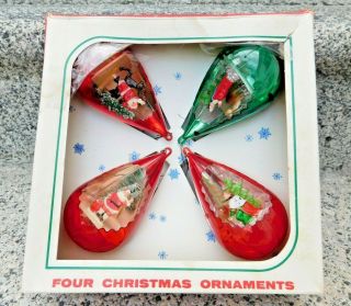 Vintage Jewelbrite Box Of 4 Diorama Christmas Ornaments Santa & Nativity Decor