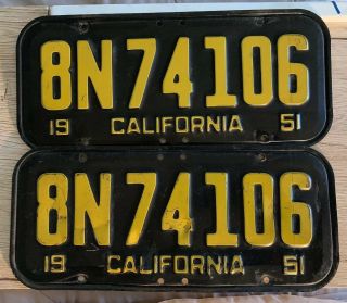 1951 - California Car License Plate Pair,  All Untouched Few Dings