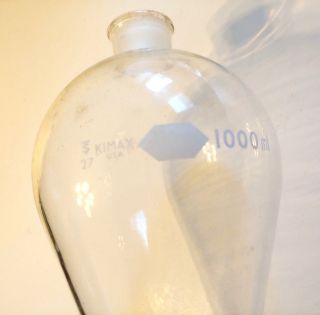 Vintage KIMAX 1000 ml Glass Funnel Separator w/ Open/Close Valve Science Lab 3