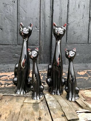 Vintage Set Of 4 Kitsch Black Cat Vases 1950 
