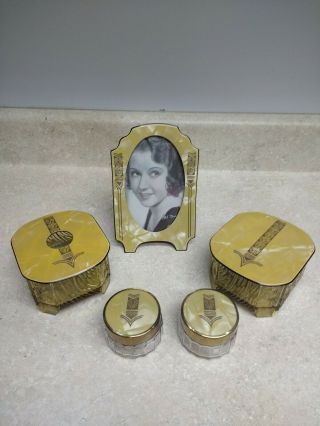 Vintage Art Deco Butterscotch Pearlized Celluloid 5 Piece Vanity,  Dresser Set