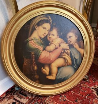 Vintage Raphael Madonna Of The Chair Gold Round Wood Frame Picture Art 21 "