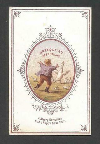 Z47 - Man Chasing Geese - Oval Chromo - 1872 - Goodall - Victorian Xmas Card