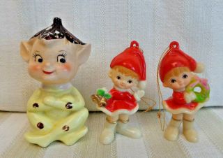 Set Of 3 Vintage Elves,  1 Ceramic Figurine And 2 Plastic Ornaments