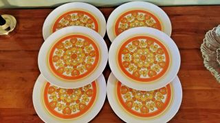 Vintage Mid - Century Modern Plastic Plates Orange Yellow Set Of 6 Mandala