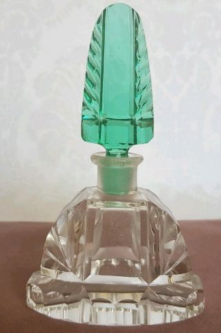 Vintage Czechoslovakia Crystal Perfume Bottle With Emerald Green Stopper Signed