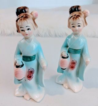 Vtg Set Of 2 Collectibe Ceramic Geisha Lanterns Figurines 6 " Tall Made In Japan