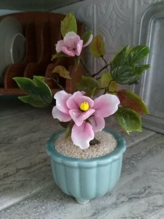 Gorgeous Oriental Asian Floral Glass Bonsai Vtg Cherry Blossom Tree In Pot 9 "