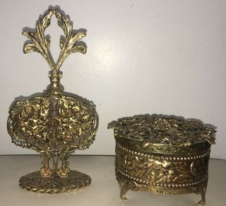 Vintage Set/2 Ormolu Filigree Gold Gilt Metal &glass Perfume Bottle &jewelry Box