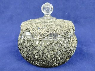 Ornate Silver - Plate Vanity Powder Or Trinket Box With Glass Inner Dish Vintage